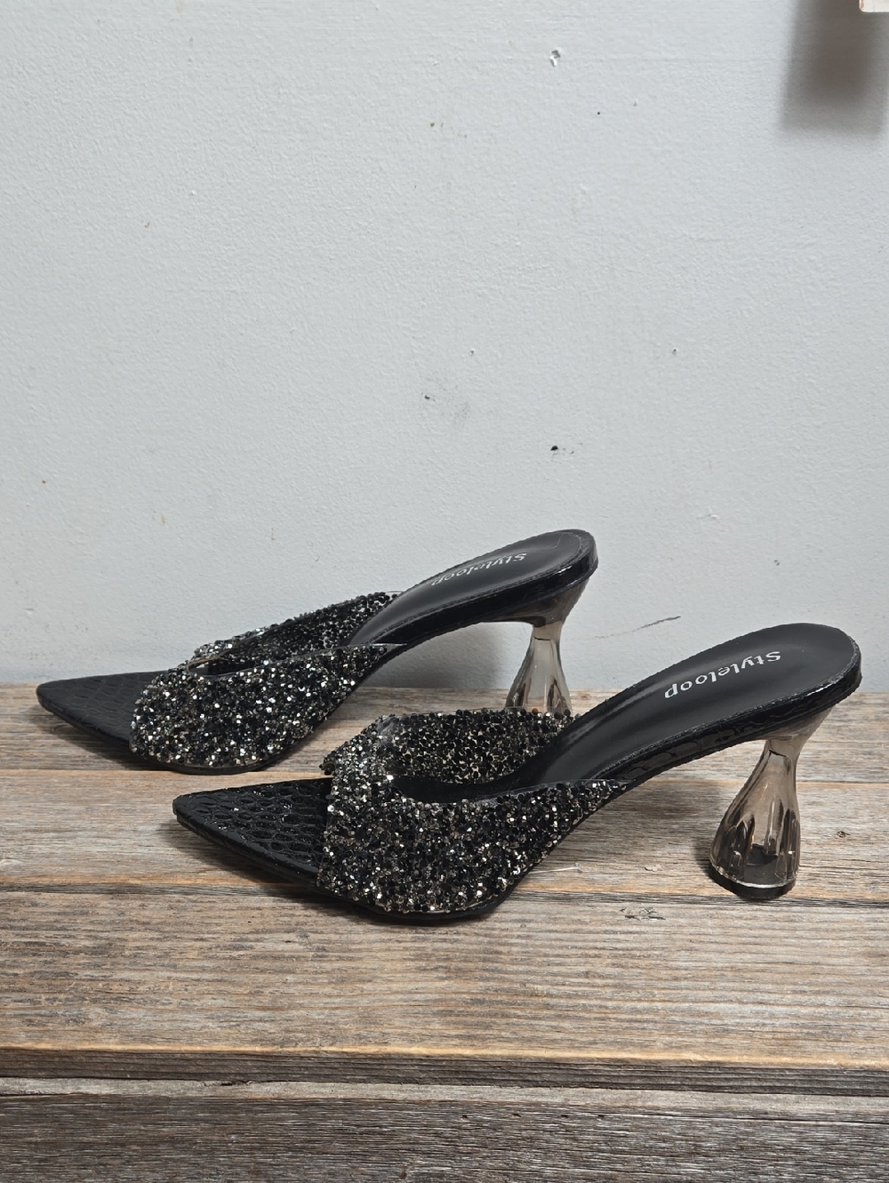 Styleloop Black And Silver Sparkle Mule Translucent Clear Pointed Toe Heels - Picture 2 of 7